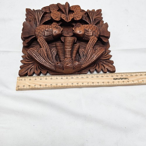 Vintage Balinese Hand Carved Wood Wall Plaque Diorama Deep Relief Koi Fish Boho - Picture 6 of 9