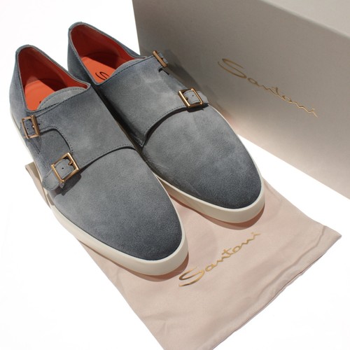 Santoni Neu mit Karton Bankable elegante doppelte Mönchsriemen-Schuhe Größe 7/US 8 in blauem Wildleder