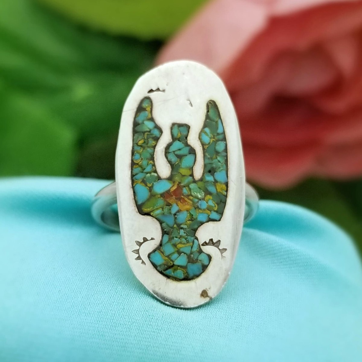 Southwestern Silver and Turquoise Inlay Phoenix Ring-925 Sterling
