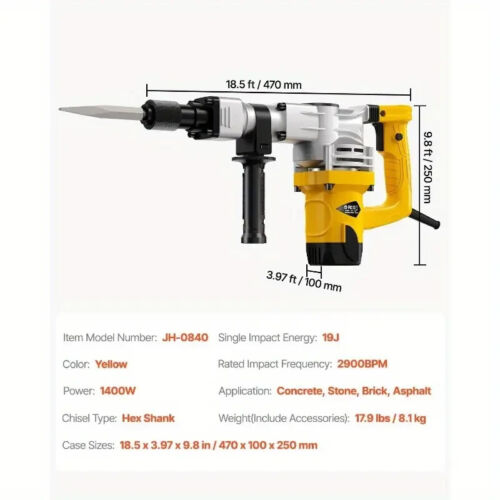 Demolition Jack Hammer Concrete Breaker 1400W Electric Hammer with 2 Chisel Bits