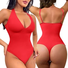 Women Sexy Thong Body Shaper Fajas Halter Bodysuit Deep V Slimming Tank Top