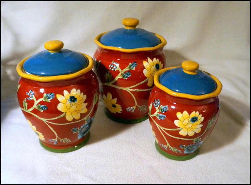 April Comell Three Jar Ceramic Red Canister Set Floral Motif #E467