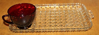 Anchor Hocking:  SERVA SNACK CLEAR w/RUBY RED CUP ''SQUARES/DIAMONDS'' 2 pc SET