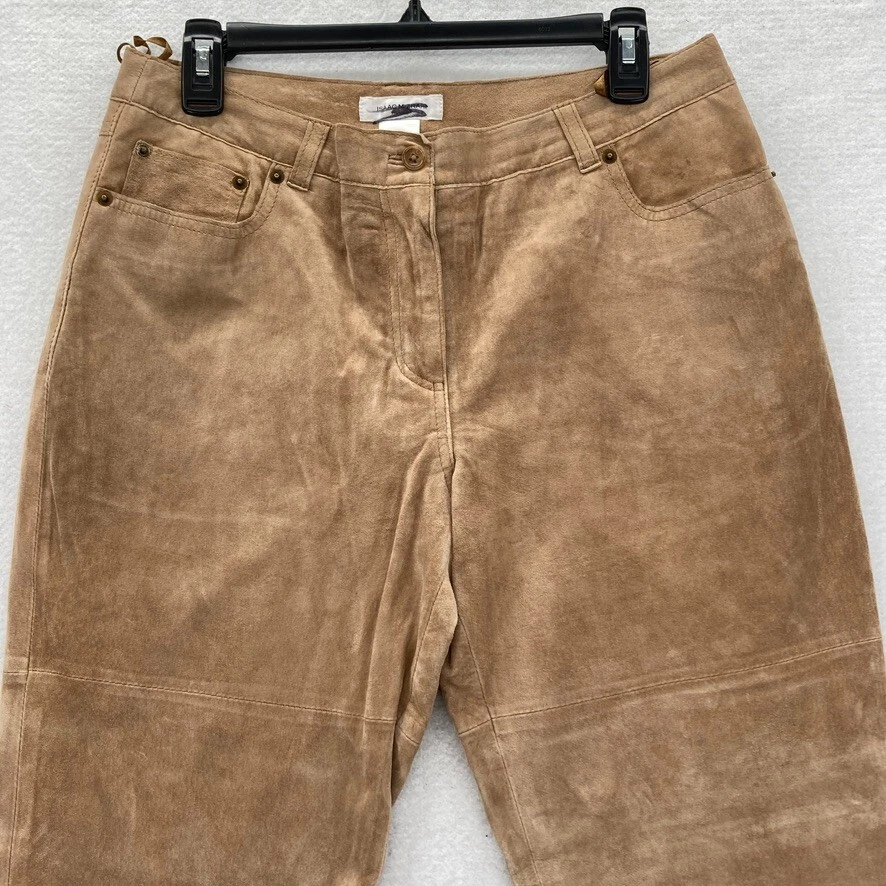 Pantalones de cuero Isaac Mizrahi para mujer 10 marrón pierna recta forrados tiro medio Y2K Foto 2 de 4