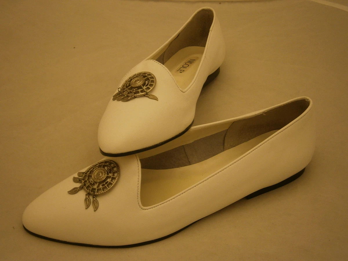 NICOLE 10 WHITE BRAZIL LEATHER SHOES FLATS SLIP ONS SILVER