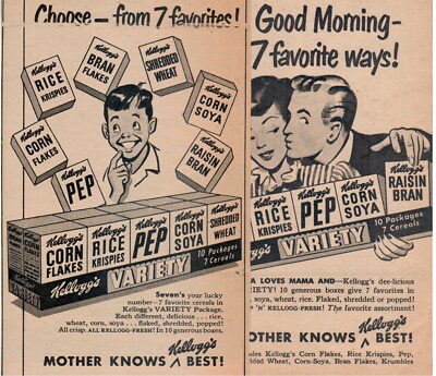 1950's Kellogg's Corn Flakes & Rice Krispies Cereal x2 Magazine Ads  2D23