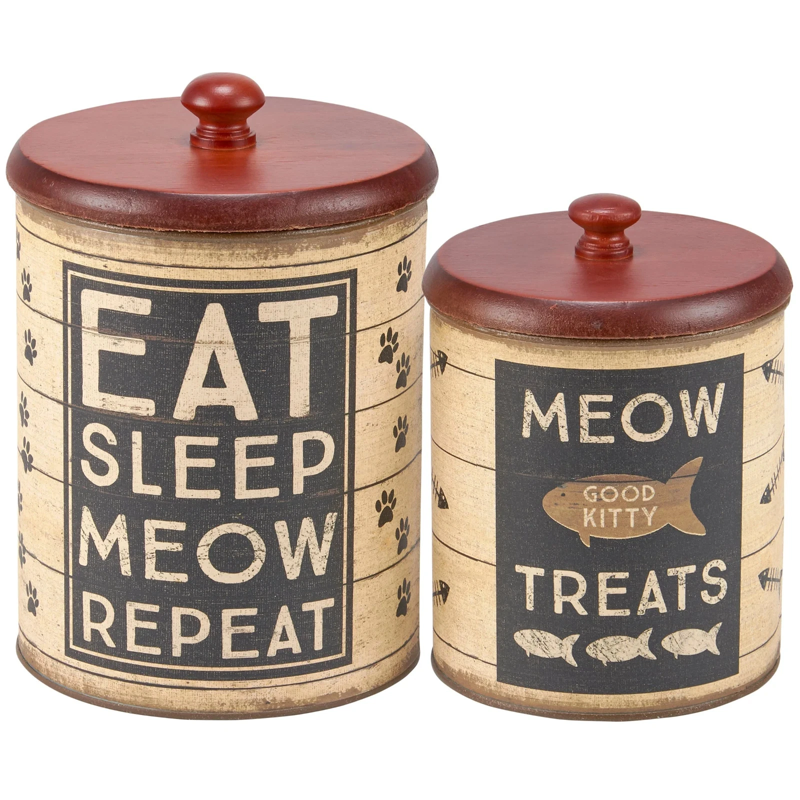 Kitty Treats metal canisters, set of 2, wood lids, for treats & gear NWT