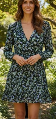 Zara geblümtes Minikleid schwarz grün Langarm V-Ausschnitt Damengröße 10 12