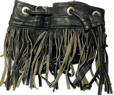 Crossbody Handbag Genuine Black Leather Fringe Hobo Hippie Style Made in Mexico