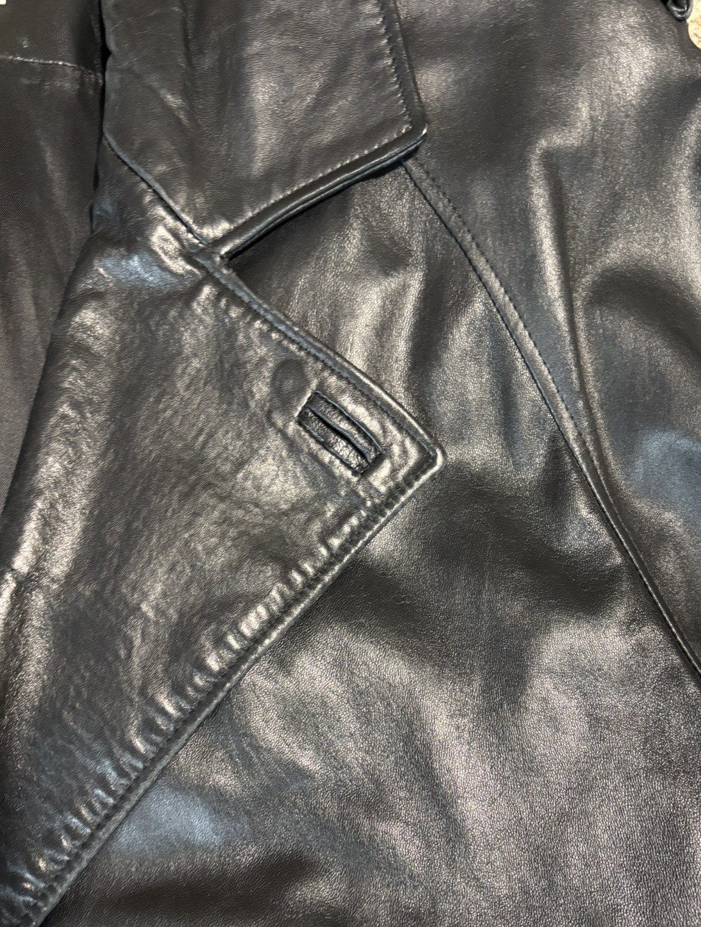 Vintage Black Leather  Overland Outfitters Trench Coat Size L Button Belt USA image 7