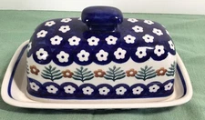 Blue Polish Boleslawiec Pottery Butter Dish ~Floral Pattern, Plate & Cover 2 pc.
