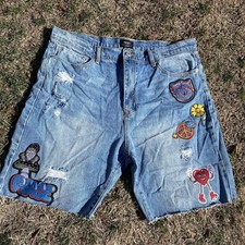 Jeans pantaloncino uomo Forever 21 blu denim taglia 38 vestibilità ampia toppe pace amore