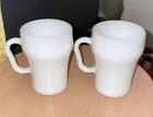 2 Vintage Anchor Hocking Fire King White Handle Oven Ware 8 oz. Coffee Cup Mug
