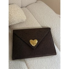 Vintage 90 s MOSCHINO Leather Envelope Clutch with Gold Heart Brown Large