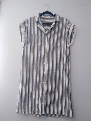 Hem & Thread Shirt Dress Large Black White Stripe Cap Sleeve Eyelet Linen Cotton