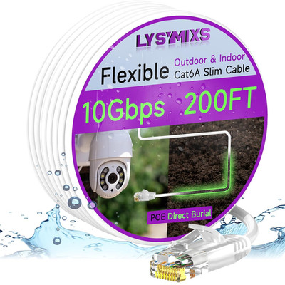 Cat6A Slim Ethernet Patch Cable 200Ft Outdoor & Indoor, Flexible 10G Cat6 Intern