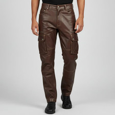 Cargo Utility Genuine Sheepskin Leather Pants Men's Dark Brown Biker Trousers