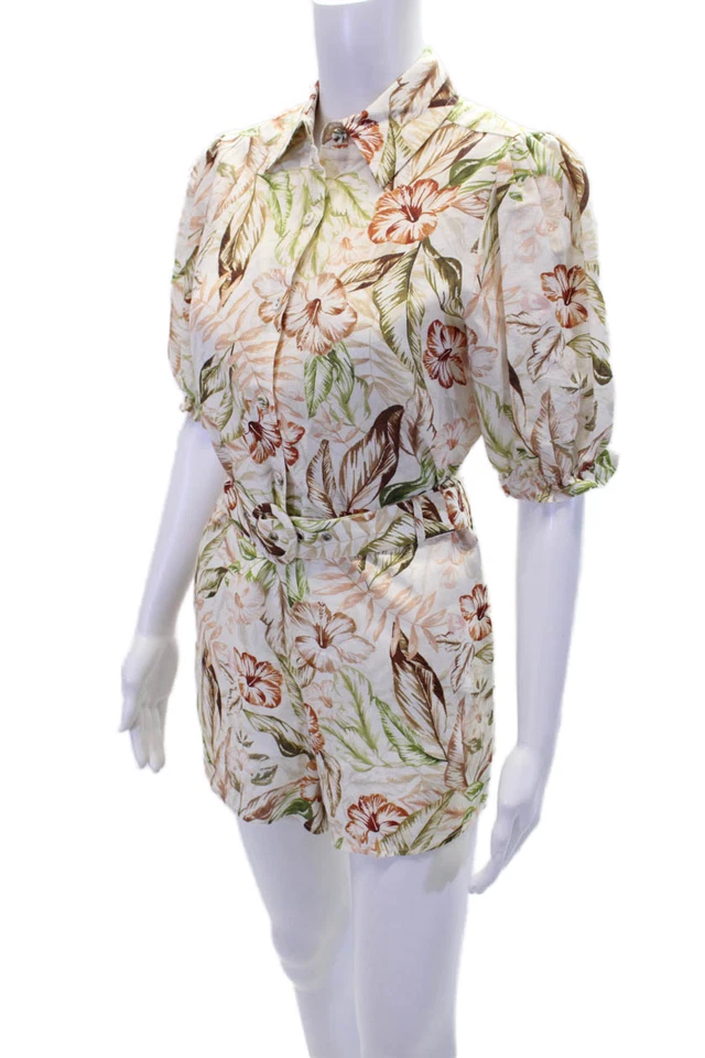 Charlie Holiday Womens Linen Hawaiian Printed Puff Sleeve Romper White Size XS - Image 2 of 4