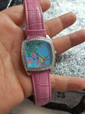 Lenox Cushion Analog Quartz Blue Animal Print Dial Wristwatch Pink Leather Band