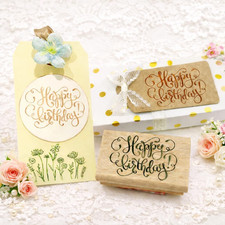 Wood Block Stamp, Cursive Happy Birthday Rubber Stamp