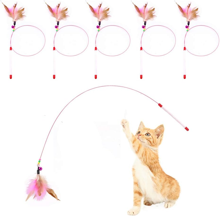 Cat Feather Toy, 5 Pack Interactive Pet Kitten Chaser Teaser Wire Wand with Bell