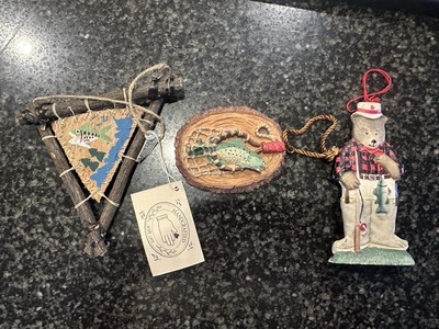 Fishing Ornament Lot: Bear W/Fish, Fish In Net, Fish-Never Hung On Tree