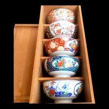 Arita Ware Sayakaraku Vintage 1920's Picture-Changing Rice Bowls 5 Sets W/ Box