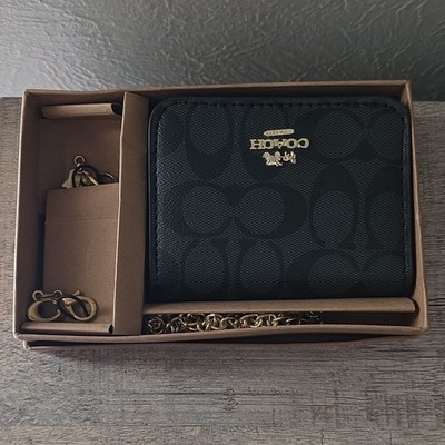 COACH GIFT SET Zip Wristlet Signature Leather With Charms Black NWT
