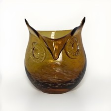 Hand Blown Art Glass Owl Vase Planter 6.25” Amber Brown Gold Swirl Big Eyes