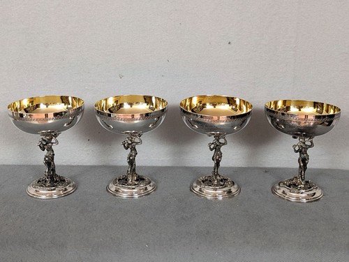 4x Kelch Kelche AlpaDur S. P. Fink Satyr versilbert Innvergoldung Figur Punze