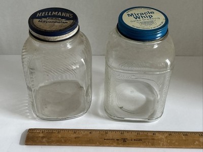 Vintage Art Deco Jar Lot with Miracle Whip & Hellmann's Mayonnaise Jar Lids