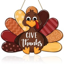 Give Thanks Turkey Door Sign Thanksgiving Decorations, Cute Turkey Welcome Wo...