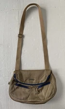 Travelon Cross Body Zippered Fold-over Flap Bag Handbag Purse Tan Blue Trim