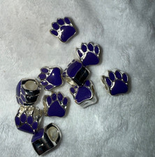 10 Purple Paw Print Charms Silver Tone Large Hole Beads Dog Pet Jewelry Making