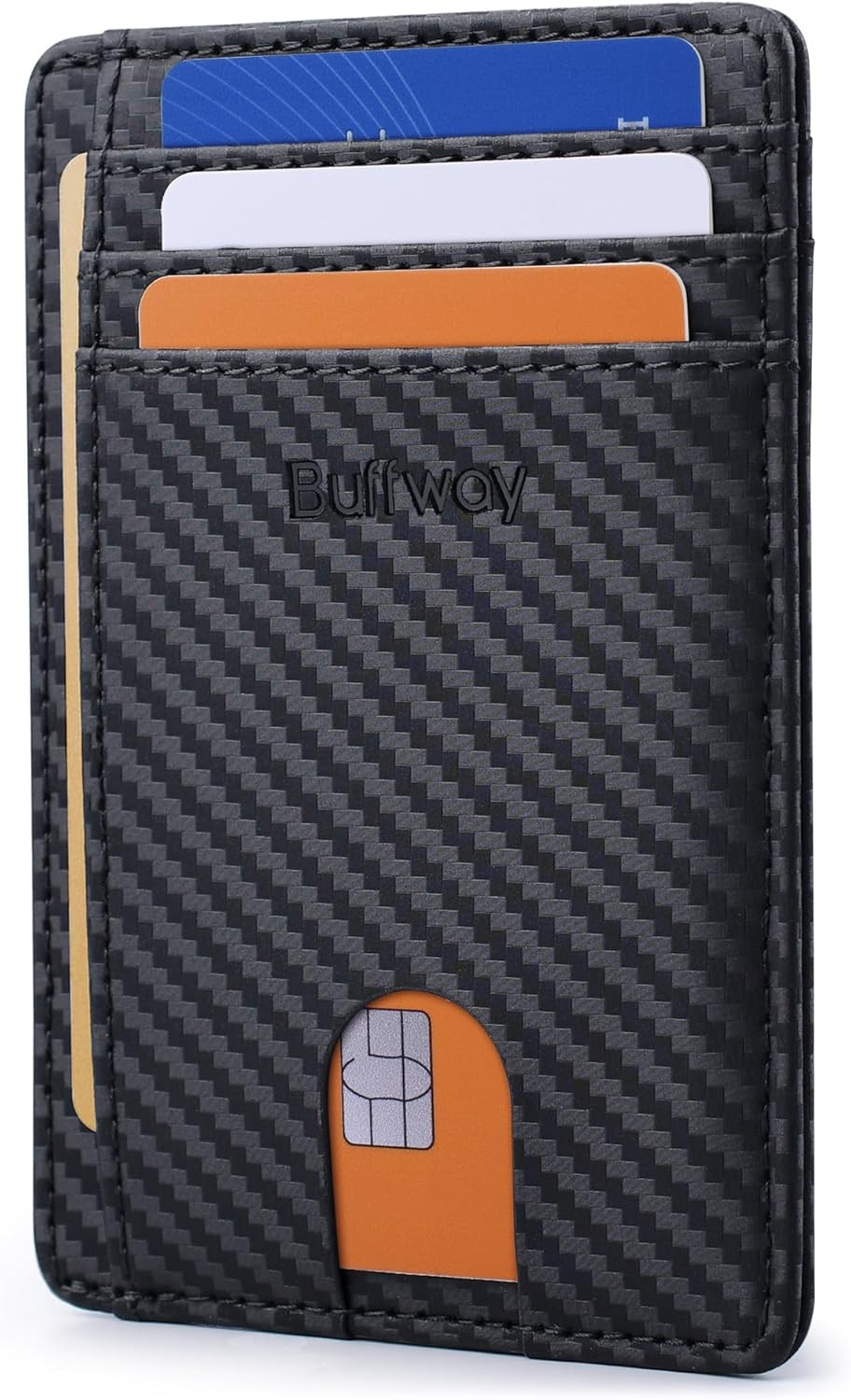 Buffway Slim Minimalist RFID Leather Wallet Carbon Fiber Black NEW