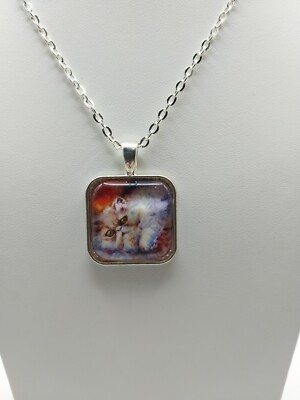 Pretty Persian Cat Handcrafted Glass Tile Necklace, Silver Toned Chain