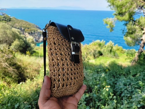 rustic bohemian straw bag, authentic crossbody bag, leather flap daily mini bag, - Picture 4 of 17