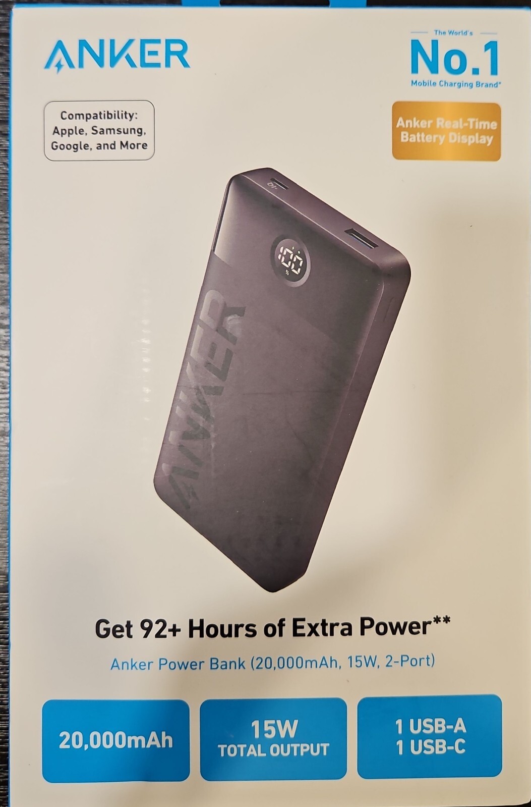 Anker Power Bank (20000mAh,12W,USB+USB-C Input/Output) for iPhone/iPad - Black