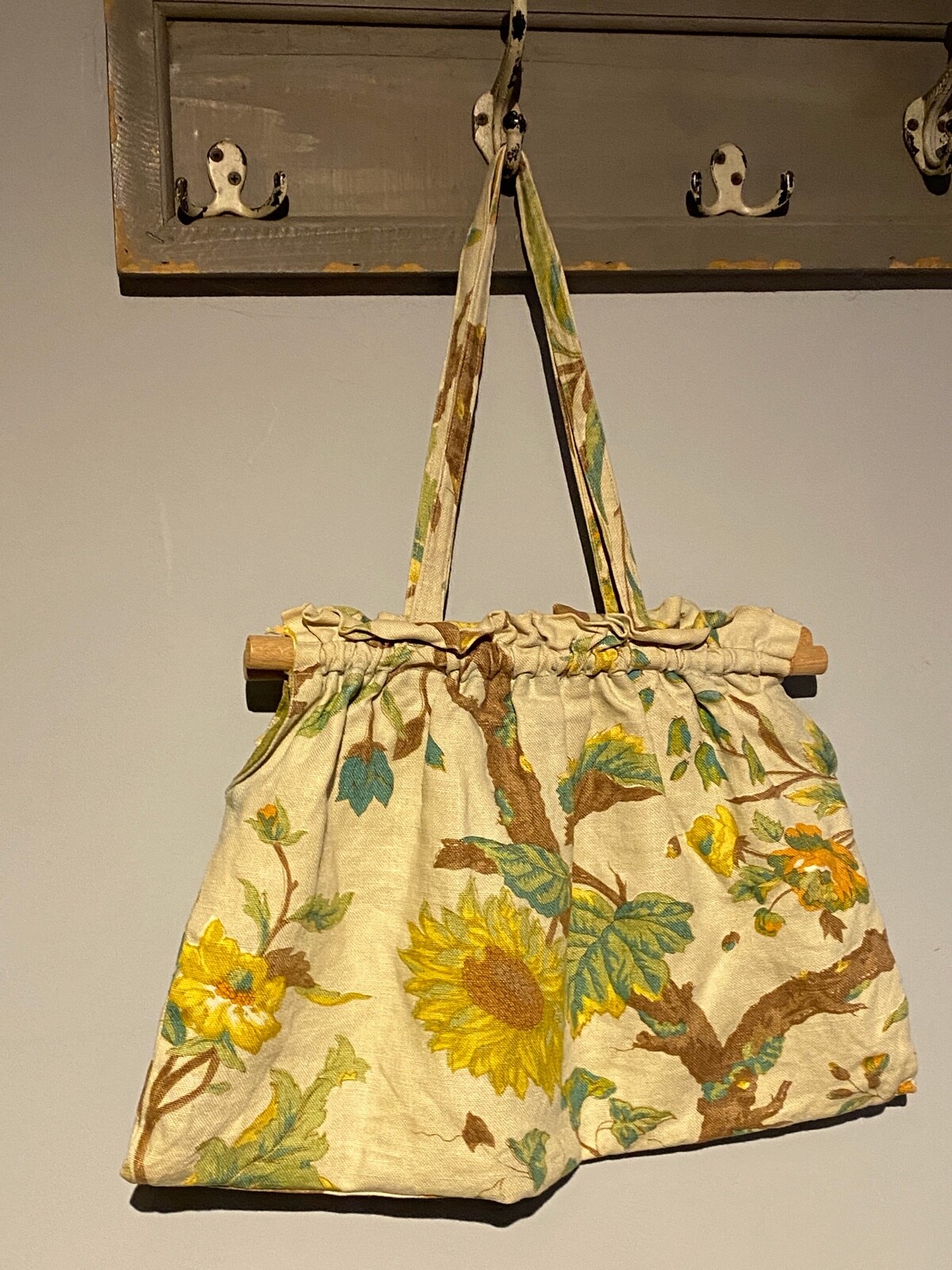 Handmade Linen Sunflower Print Bag with Wood Bars and Straps  12\" X 20\"