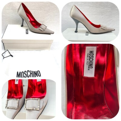 Authentic Moschino Vintage Satin Silk Crystal Buckle Comma Heels IT 37,5 US 7,5