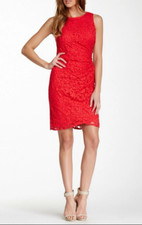 NWT ADRIANNA PAPELL Dress 10 Red Lace Ruched Exposed Side Zip Stretch Christmas