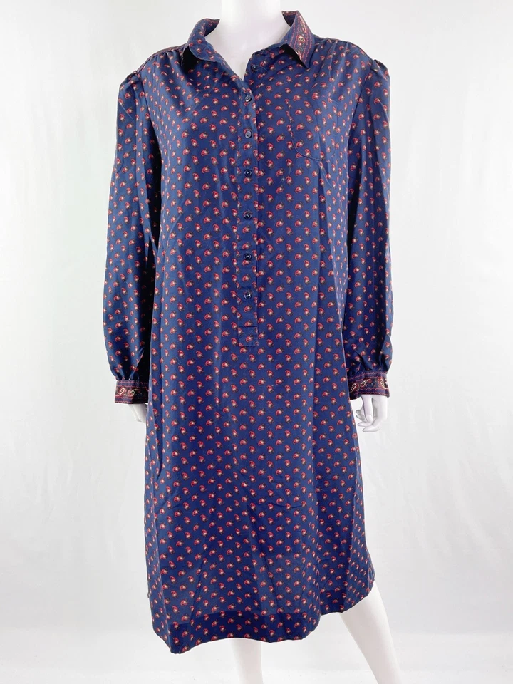 Schrader 运动复古海军蓝衬衫连衣裙 M 码长袖纽扣 80 年代 — 第 2/4 张图片