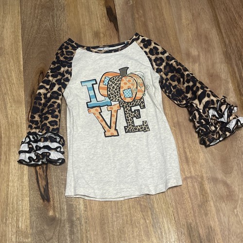 Girls Leopard print Fall Thanksgiving Pumpkin boutique ruffle shirt size 5