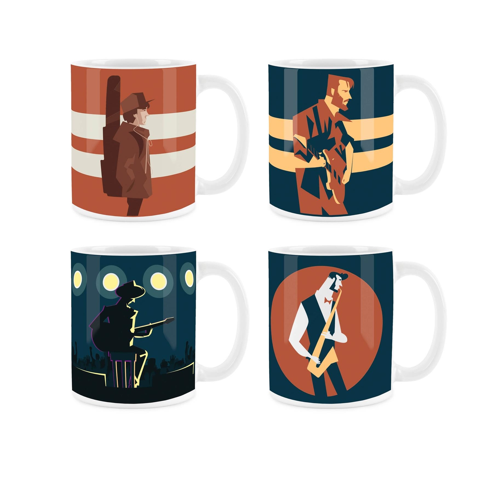 Musician Mugs Set - Guitar Saxophone Instrument Gift Ceramic Cups Set of 4