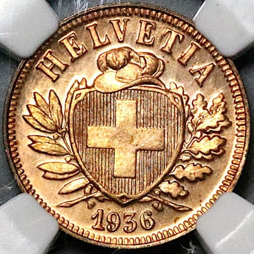 1936 NGC SP 65 RD Switzerland 2 Rappen RED Specimen GEM Coin POP 5/0 (24082601C)
