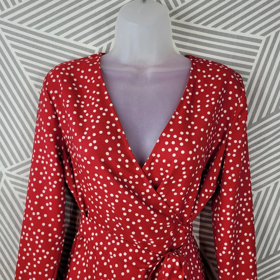 Vestido Banana Republic Talla 2 Rojo Polkadot Midi Clásico Corbata Cintura Profesión Foto 3 de 4