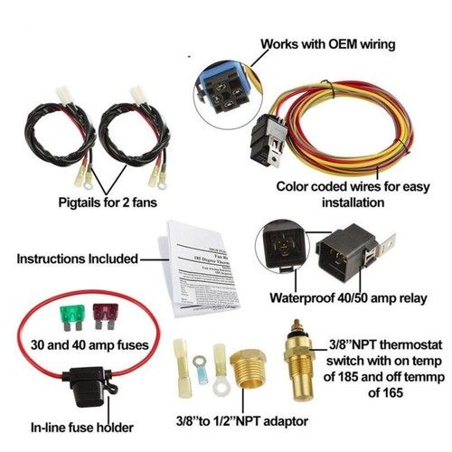 Accessories 185/165 12V Car Dual Electric Cooling Fan Wiring Harness 40A Relay - Picture 9 of 11