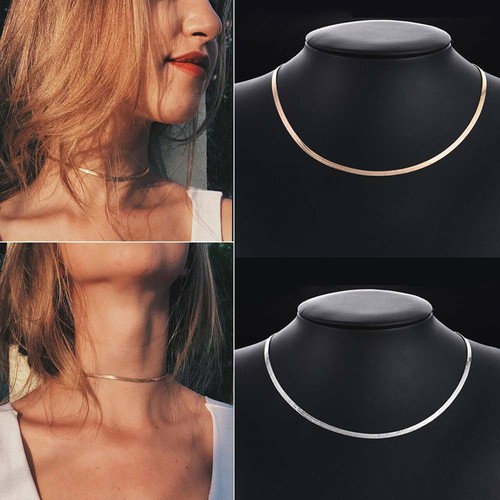 Simple Fashion Smooth Flat Plain Snake Silver Gold Choker Necklace Chain Jewelry - Picture 9 of 13