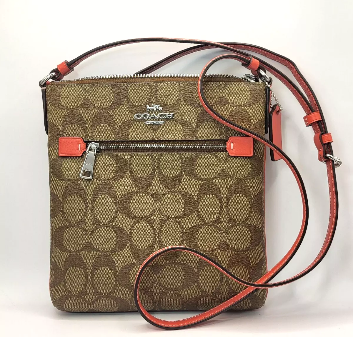 NWT Coach Signature Mini Rowan File Bag Crossbody Handbag Khaki Tangerine  CF340