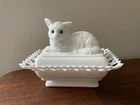 Vintage Westmoreland Milk Glass Cat Basket Dish Lattice Rim HON Gift Blue Eyes